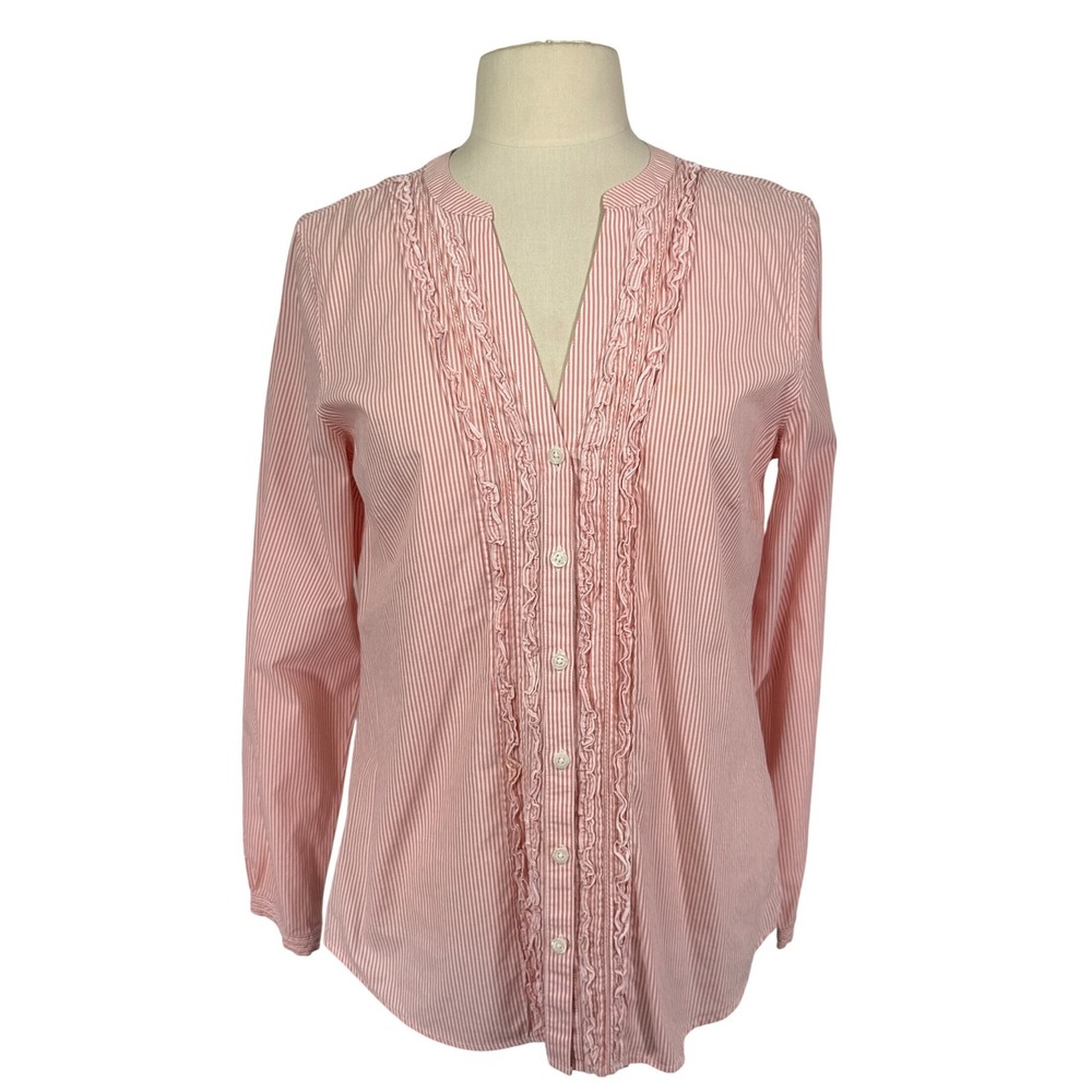 Orvis Womens Pink White Striped Ruffle Front Button Up Blouse Sz 10, Top Shirt